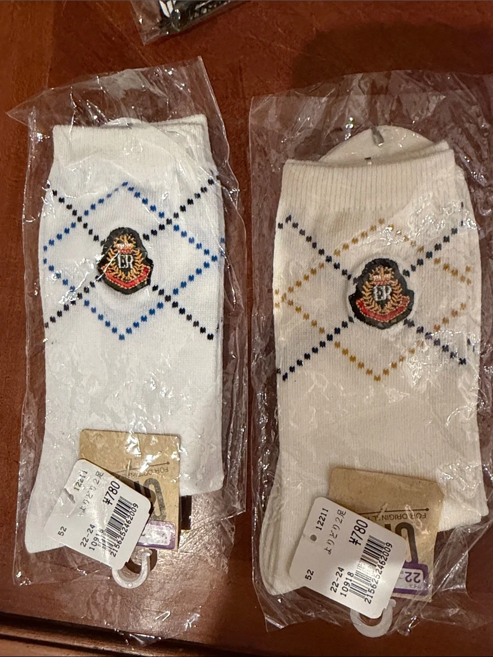 Classic Argyle Crew Socks - White with Blue embroidered Accents